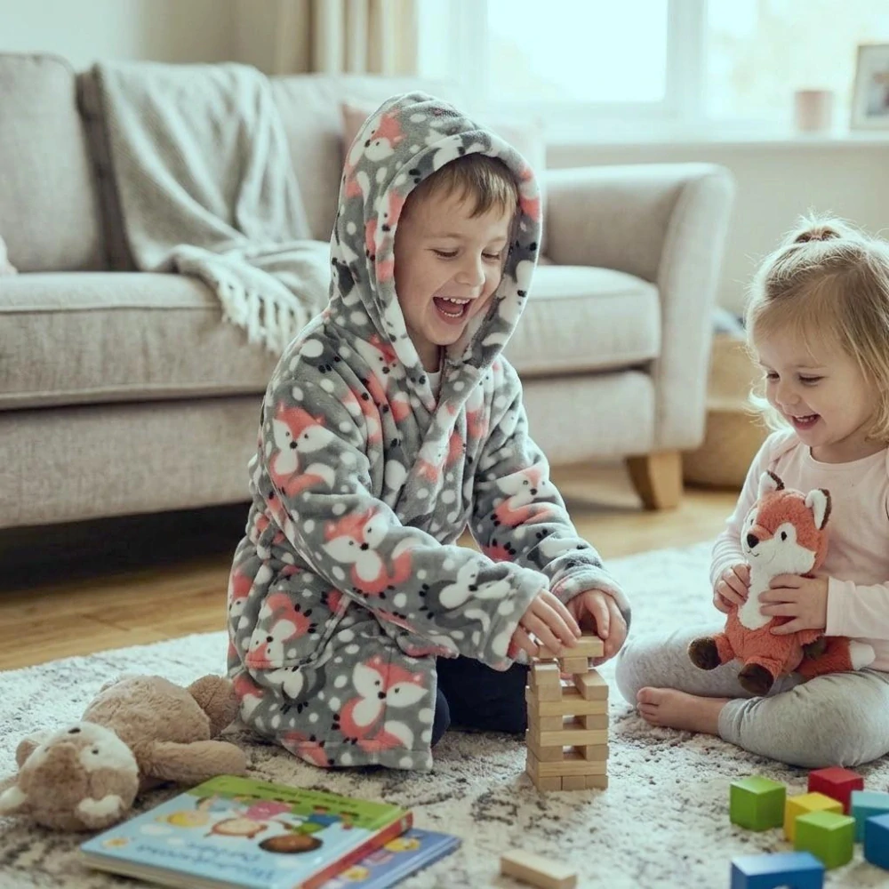 ětský vzorovaný župan s kapucí motiv lištičky na chlapci, který si hraje