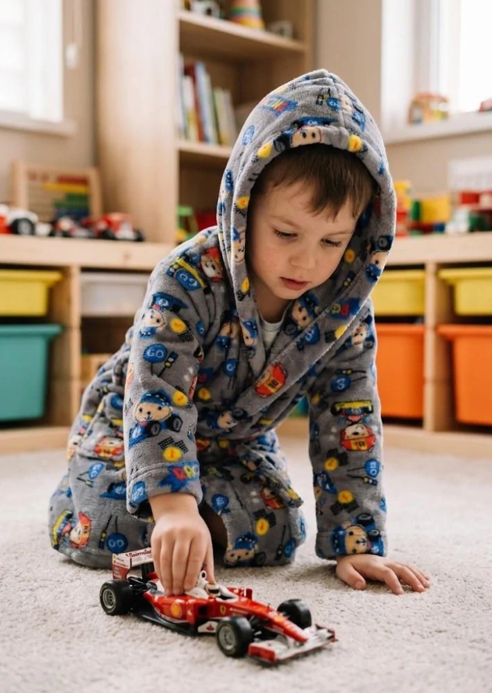• Chlapec v dětském županu Hafatex s motivem medvídka závodníka a formulí.